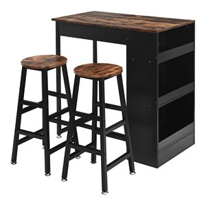 costway 3-piece industrial steel counter bar table set with storage in black