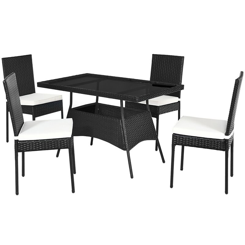 Costway 5-piece Rattan and Steel Patio Dining Set with Glass Tabletop in Black