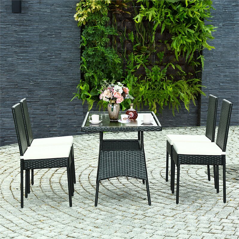 Costway 5-piece Rattan and Steel Patio Dining Set with Glass Tabletop in Black
