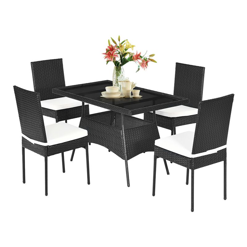 Costway 5-piece Rattan and Steel Patio Dining Set with Glass Tabletop in Black