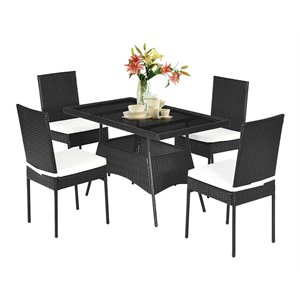 Costway 5-piece Rattan and Steel Patio Dining Set with Glass Tabletop in Black