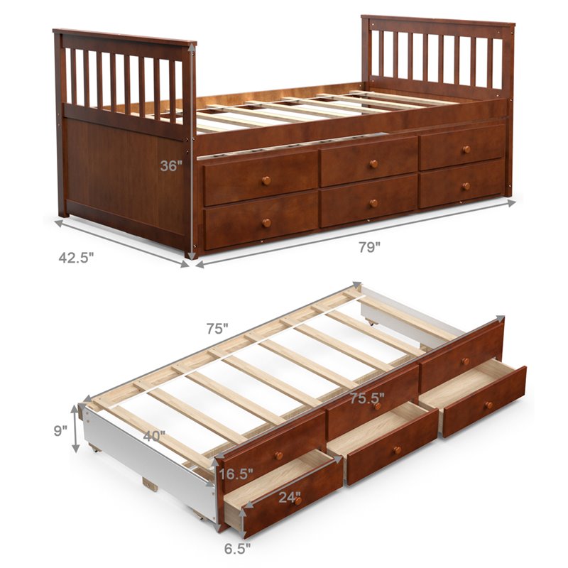 Costway Pine Wood Twin Captain's Bunk Bed with Trundle & Drawers in Walnut