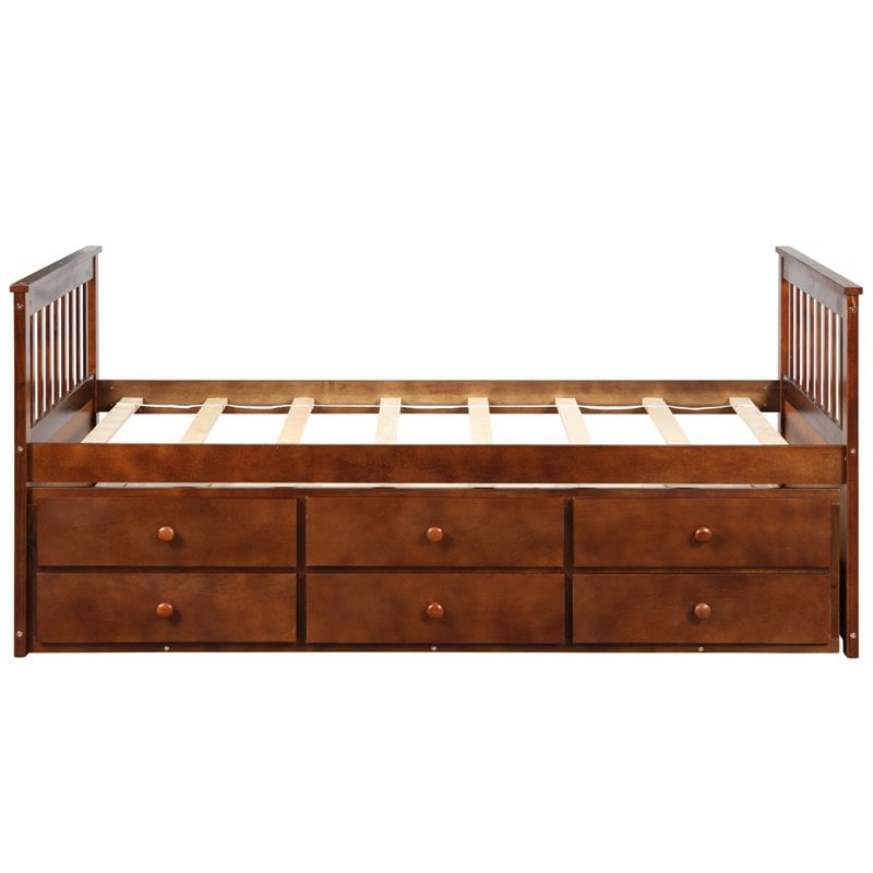 Costway Pine Wood Twin Captain's Bunk Bed with Trundle & Drawers in Walnut
