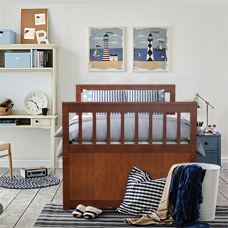 Costway Pine Wood Twin Captain's Bunk Bed with Trundle & Drawers in Walnut