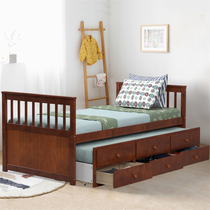 Costway Pine Wood Twin Captain's Bunk Bed with Trundle & Drawers in Walnut