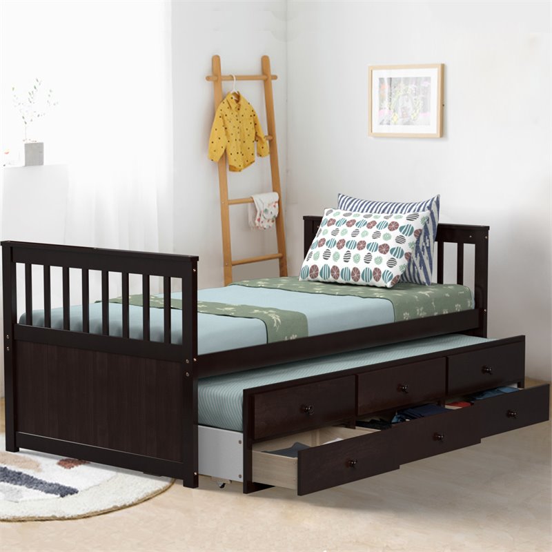 Costway Pine Wood Twin Captain's Bunk Bed with Trundle & Drawers in Espresso