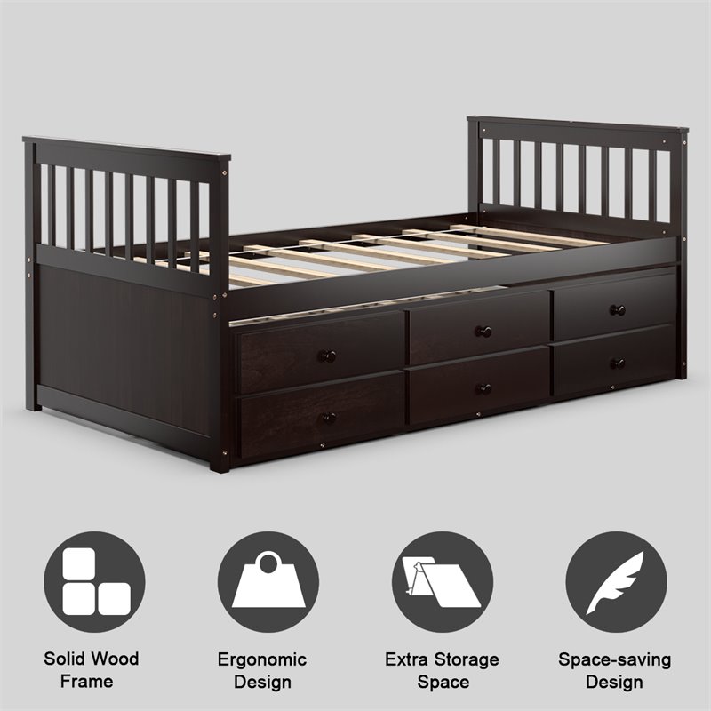 Costway Pine Wood Twin Captain's Bunk Bed with Trundle & Drawers in Espresso