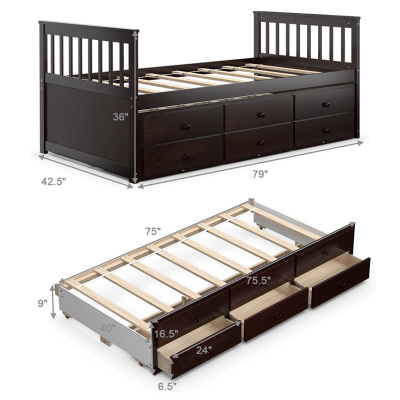 Costway Pine Wood Twin Captain's Bunk Bed with Trundle & Drawers in Espresso
