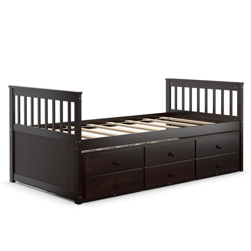 Costway Pine Wood Twin Captain's Bunk Bed with Trundle & Drawers in Espresso