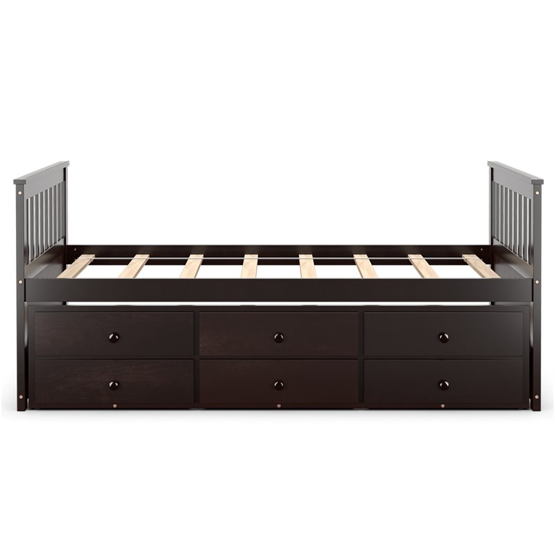 Costway Pine Wood Twin Captain's Bunk Bed with Trundle & Drawers in Espresso