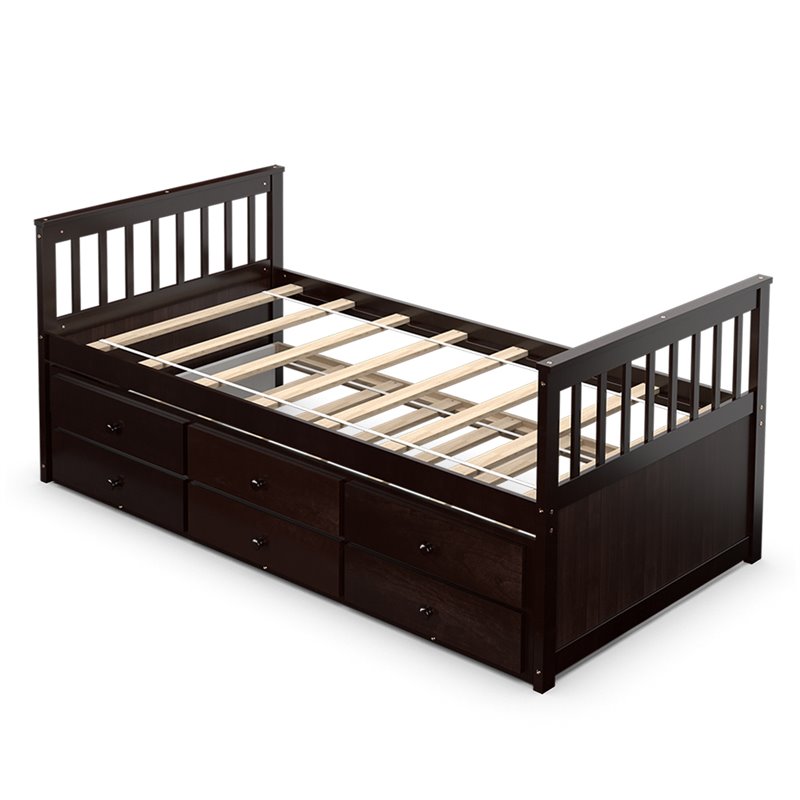Costway Pine Wood Twin Captain's Bunk Bed with Trundle & Drawers in Espresso
