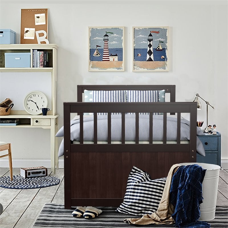 Costway Pine Wood Twin Captain's Bunk Bed with Trundle & Drawers in Espresso