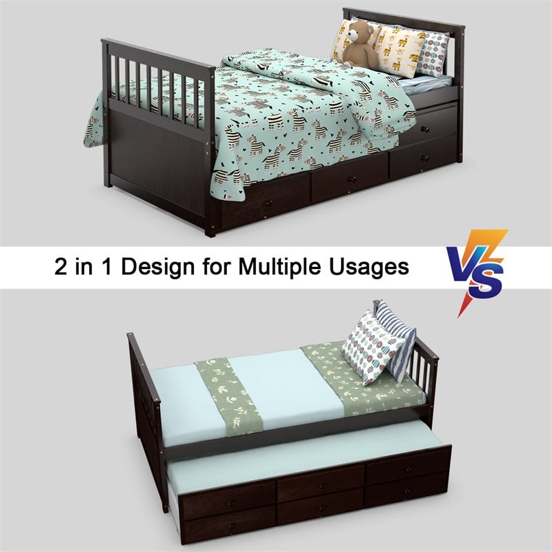 Costway Pine Wood Twin Captain's Bunk Bed with Trundle & Drawers in Espresso