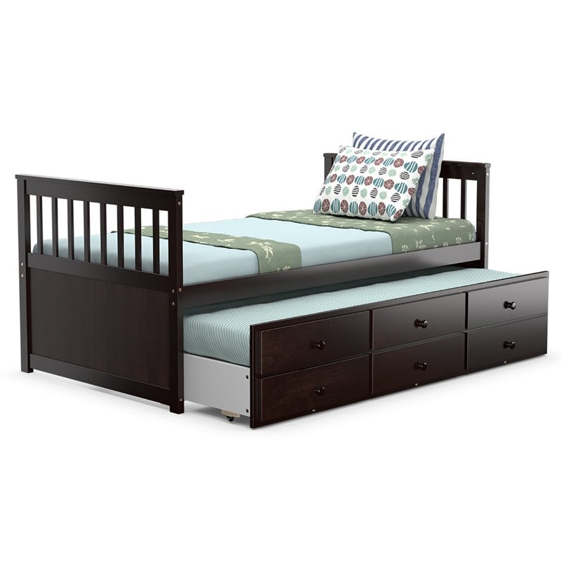 Costway Pine Wood Twin Captain's Bunk Bed with Trundle & Drawers in Espresso
