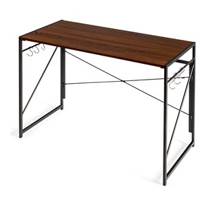 Costway Engineered Wood Folding Computer Desk with 6 Hooks in Brown