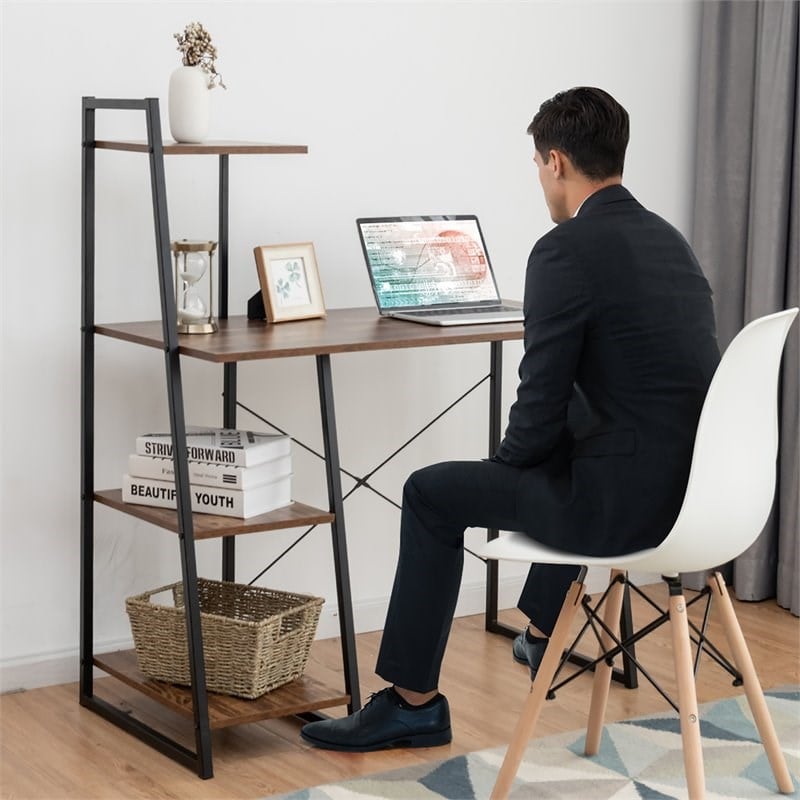 Costway Contemporary Engineered Wood Computer Desk with Shelves in Brown