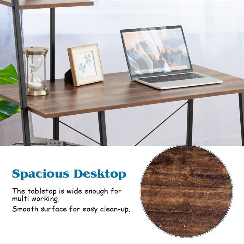 Costway Contemporary Engineered Wood Computer Desk with Shelves in Brown