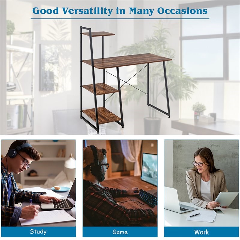 Costway Contemporary Engineered Wood Computer Desk with Shelves in Brown