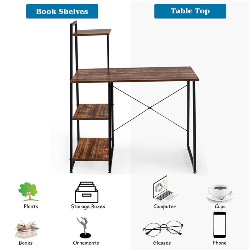 Costway Contemporary Engineered Wood Computer Desk with Shelves in Brown