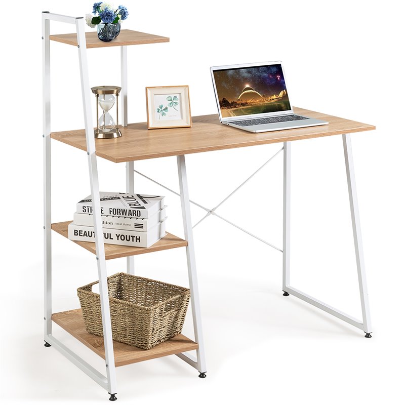 Costway Contemporary Engineered Wood Computer Desk with Shelves in Natural
