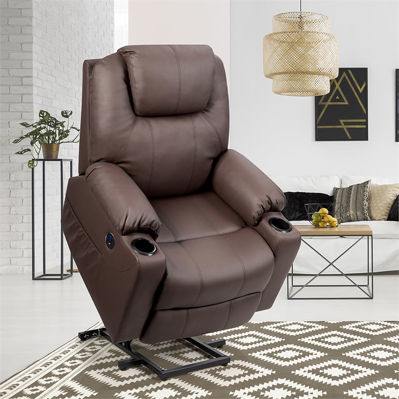 Costway Faux Leather Electric Recliner Chair with USB Charge Port in Brown