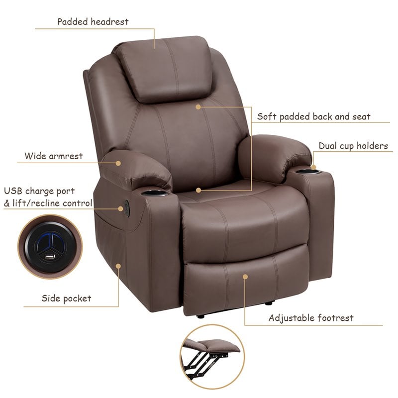 Costway Faux Leather Electric Recliner Chair with USB Charge Port in Brown