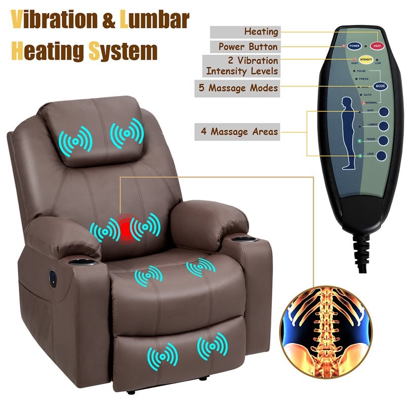 Costway Faux Leather Electric Recliner Chair with USB Charge Port in Brown