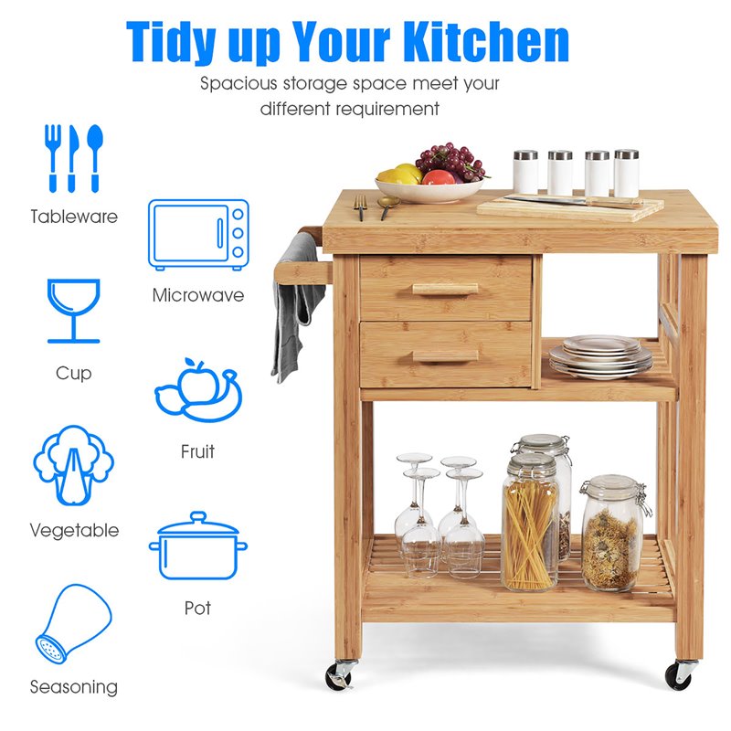 Costway Bamboo Kitchen Trolley Cart with Tower Rack & Drawers in Natural
