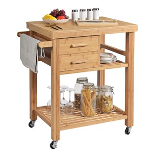 Costway Bamboo Kitchen Trolley Cart with Tower Rack & Drawers in Natural