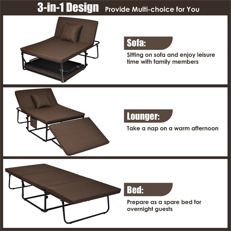 Costway Steel and Sponge Folding Sleeper Bed with 6 Position Adjustment in Brown