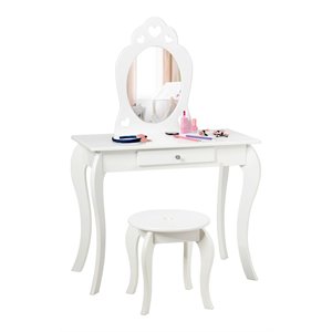 costway contemporary mdf & pine wood kids 2-in-1 vanity set with mirror in white