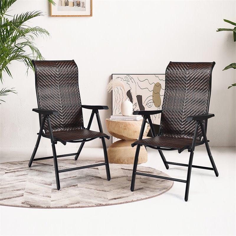 Costway Steel and Rattan Patio Folding Chairs with Armrest in Brown (Set of 2)