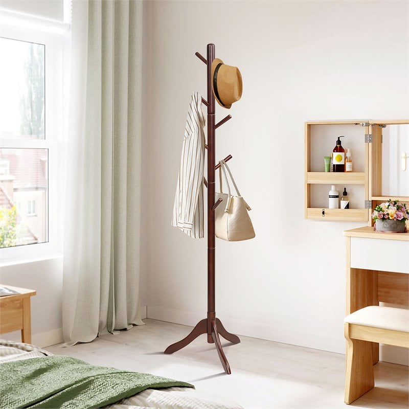 Costway Rubber Wood Adjustable Height Coat Rack with 8 Hooks in Brown