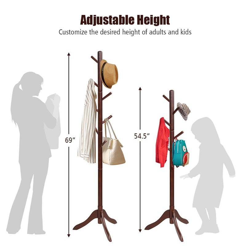 Costway Rubber Wood Adjustable Height Coat Rack with 8 Hooks in Brown