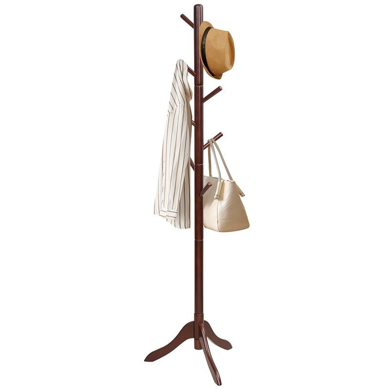 Costway Rubber Wood Adjustable Height Coat Rack with 8 Hooks in Brown