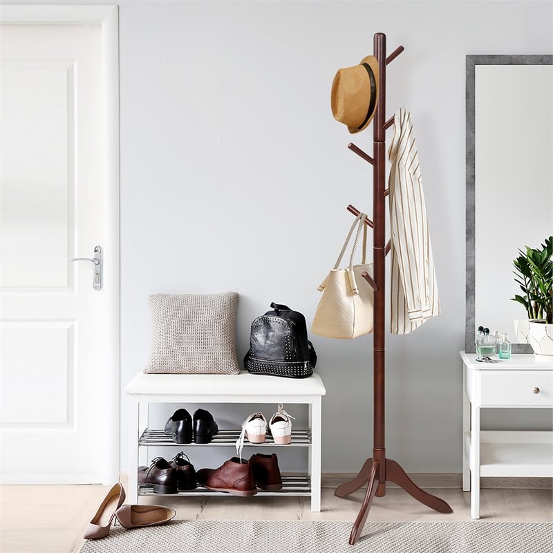 Costway Rubber Wood Adjustable Height Coat Rack with 8 Hooks in Brown