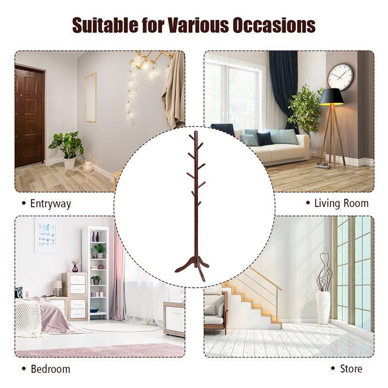 Costway Rubber Wood Adjustable Height Coat Rack with 8 Hooks in Brown