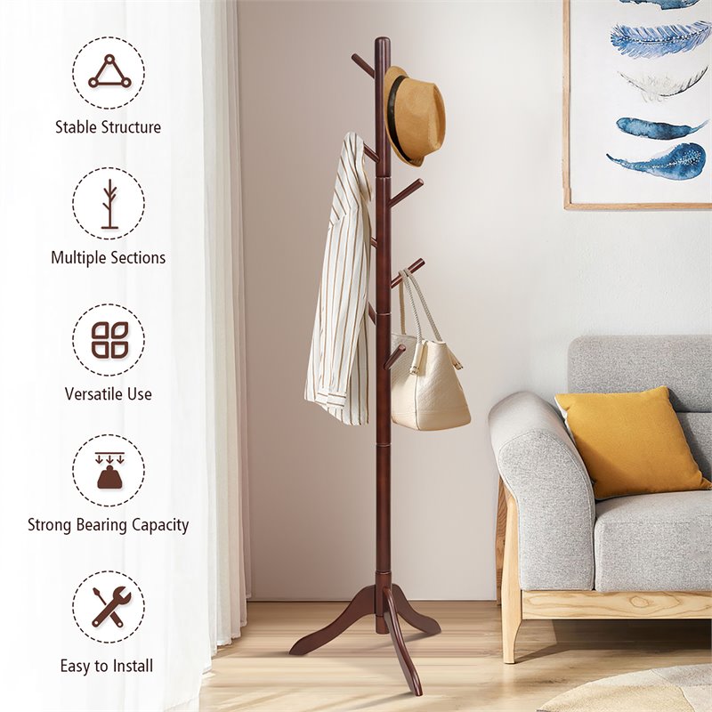 Costway Rubber Wood Adjustable Height Coat Rack with 8 Hooks in Brown