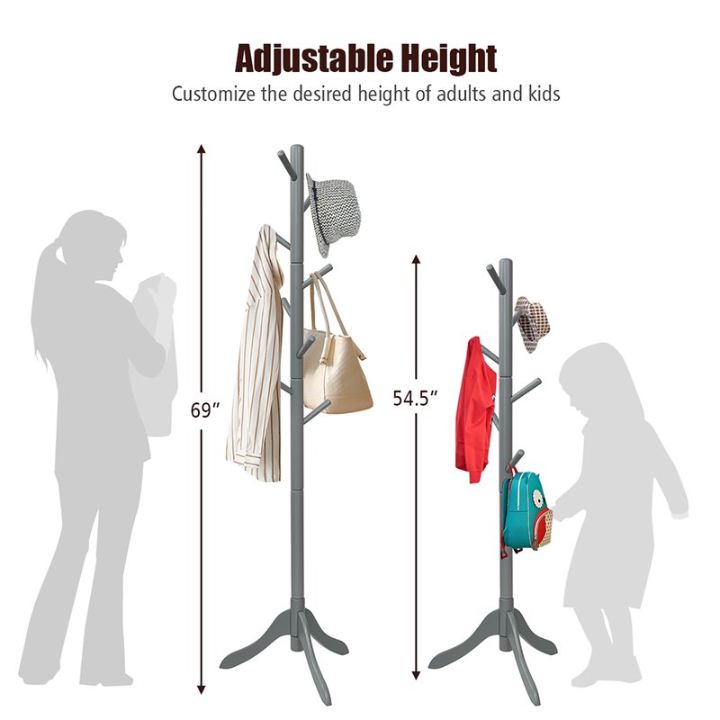 Costway Rubber Wood Adjustable Height Coat Rack with 8 Hooks in Gray