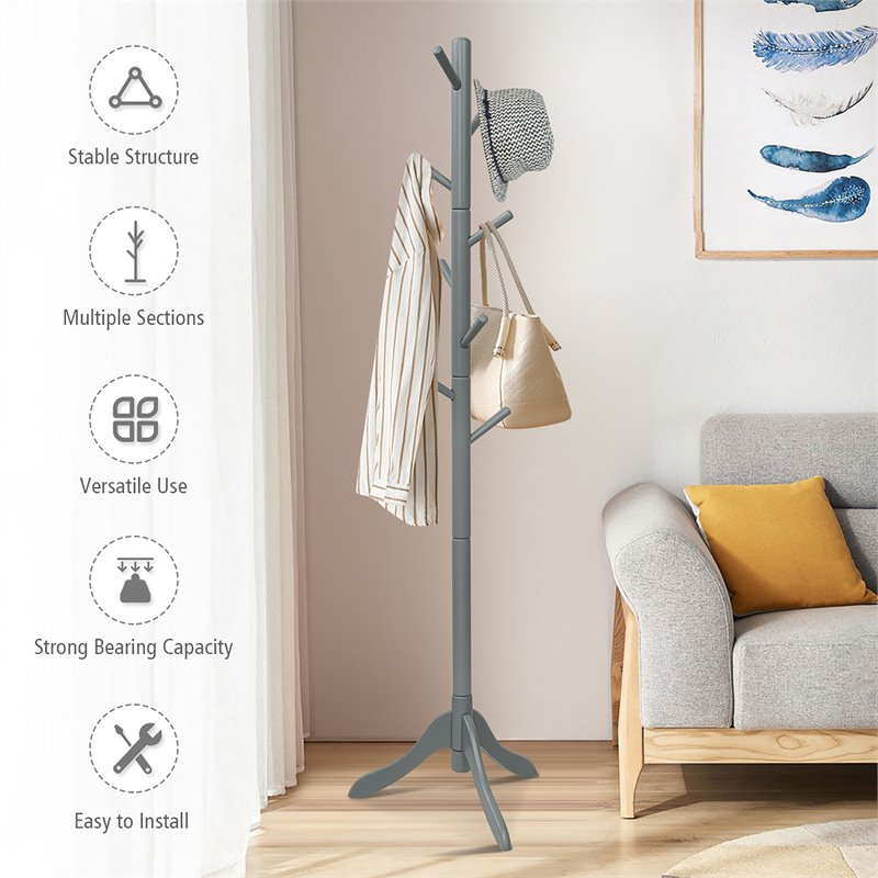 Costway Rubber Wood Adjustable Height Coat Rack with 8 Hooks in Gray