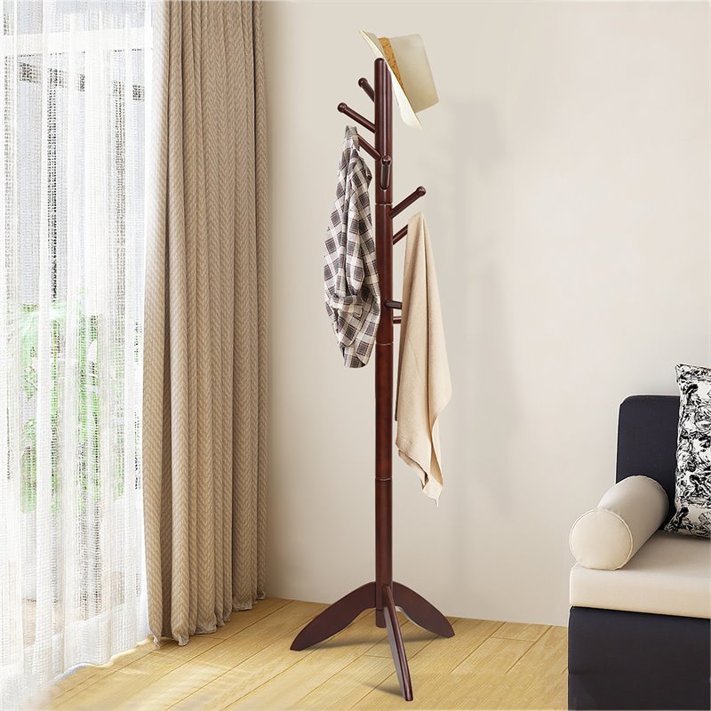 Costway Rubber Wood Adjustable Height Coat Rack with 11 Hooks in Walnut