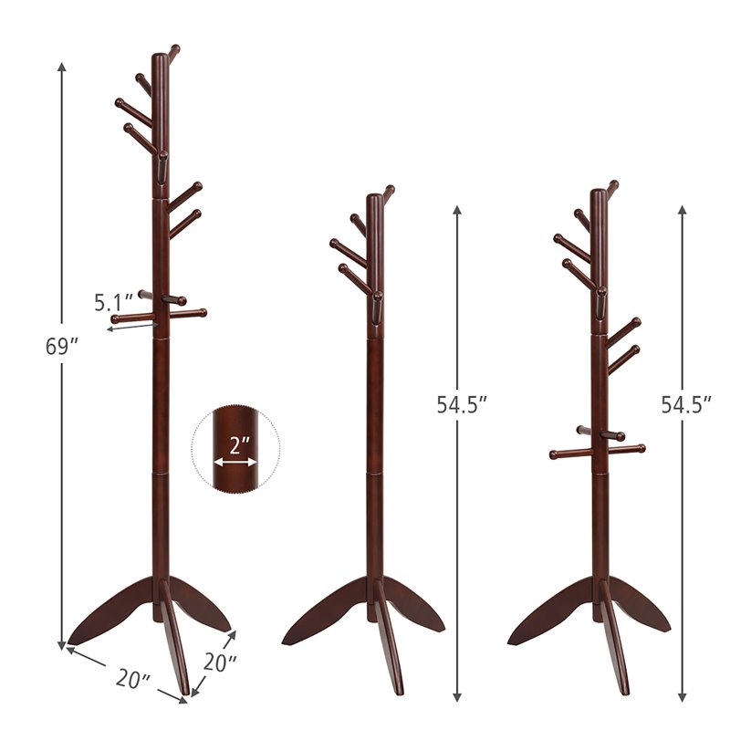Costway Rubber Wood Adjustable Height Coat Rack with 11 Hooks in Walnut