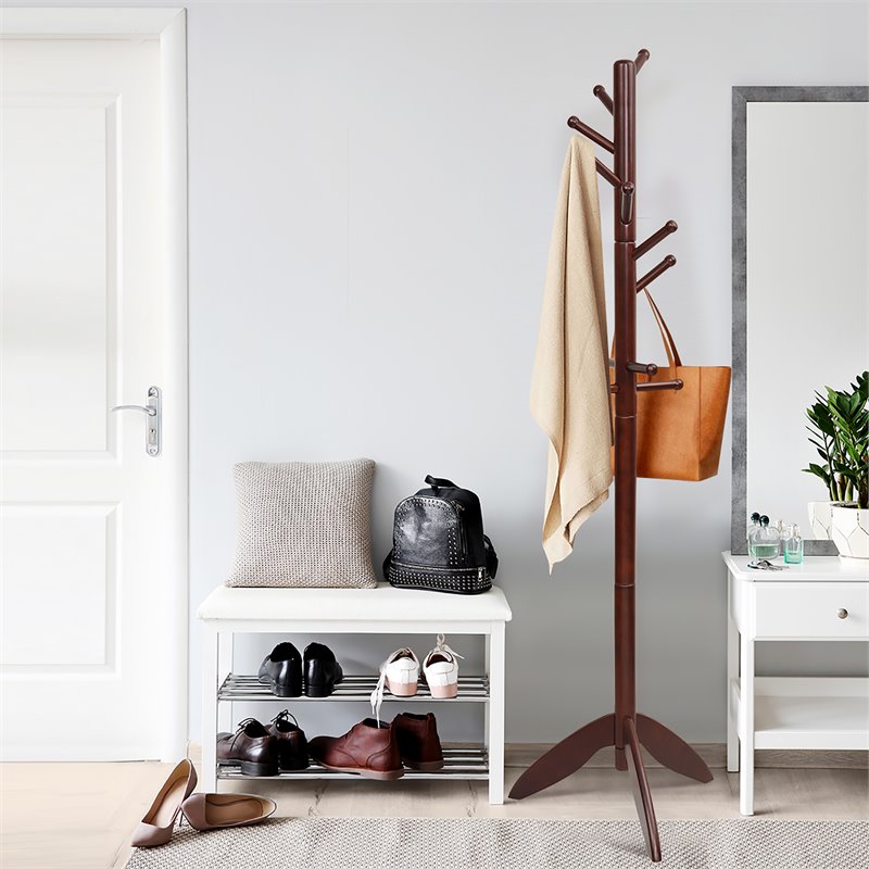 Costway Rubber Wood Adjustable Height Coat Rack with 11 Hooks in Walnut