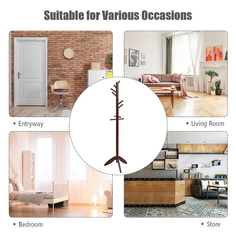 Costway Rubber Wood Adjustable Height Coat Rack with 11 Hooks in Walnut