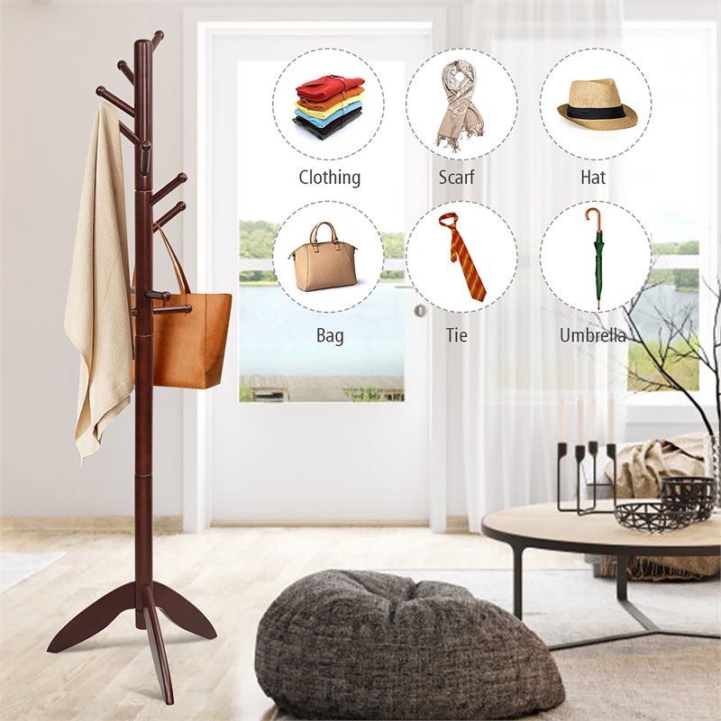 Costway Rubber Wood Adjustable Height Coat Rack with 11 Hooks in Walnut