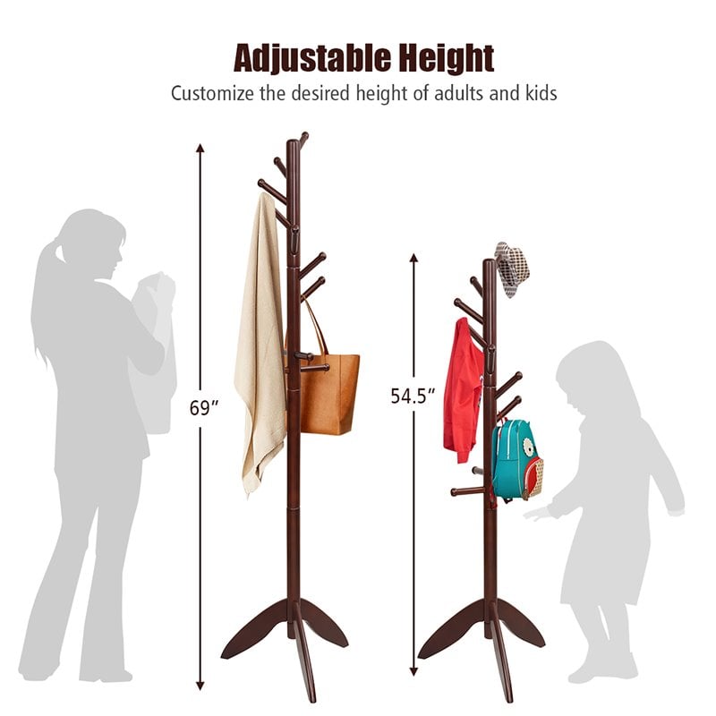 Costway Rubber Wood Adjustable Height Coat Rack with 11 Hooks in Walnut