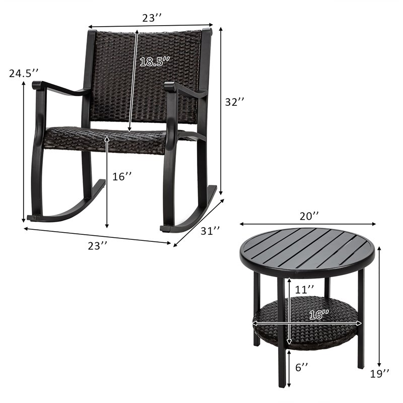 Costway 3-piece Rattan Patio Bistro Set with Rocking Chairs in Dark Brown