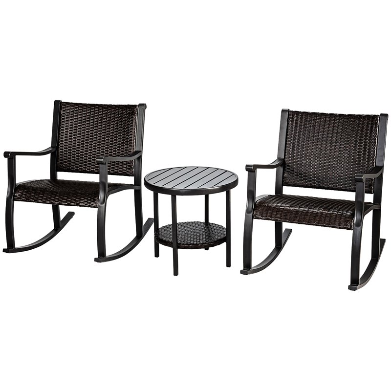 Costway 3-piece Rattan Patio Bistro Set with Rocking Chairs in Dark Brown