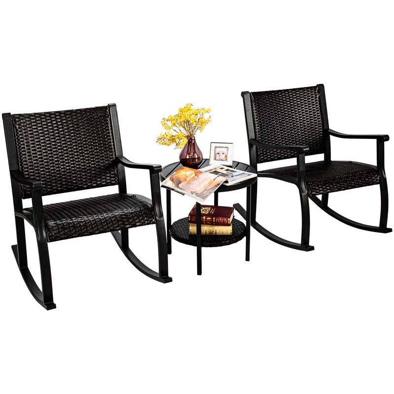 Costway 3-piece Rattan Patio Bistro Set with Rocking Chairs in Dark Brown