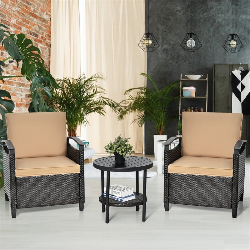 Costway 3-piece Contemporary Rattan Patio Furniture Set with Shelf in Brown